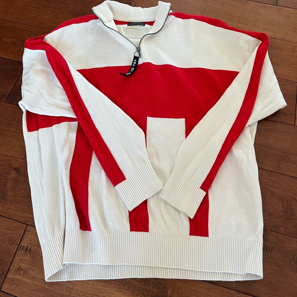Zara men’s size large quarter zip sweater, white and red
